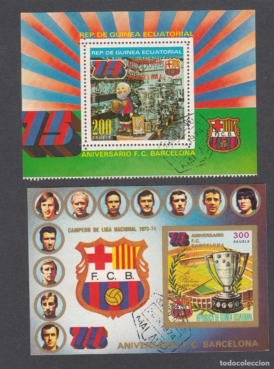 Sellos: 2 HOJITAS FC BARCELONA - 75 ANIVERSARIO - GUINEA ECUATORIAL