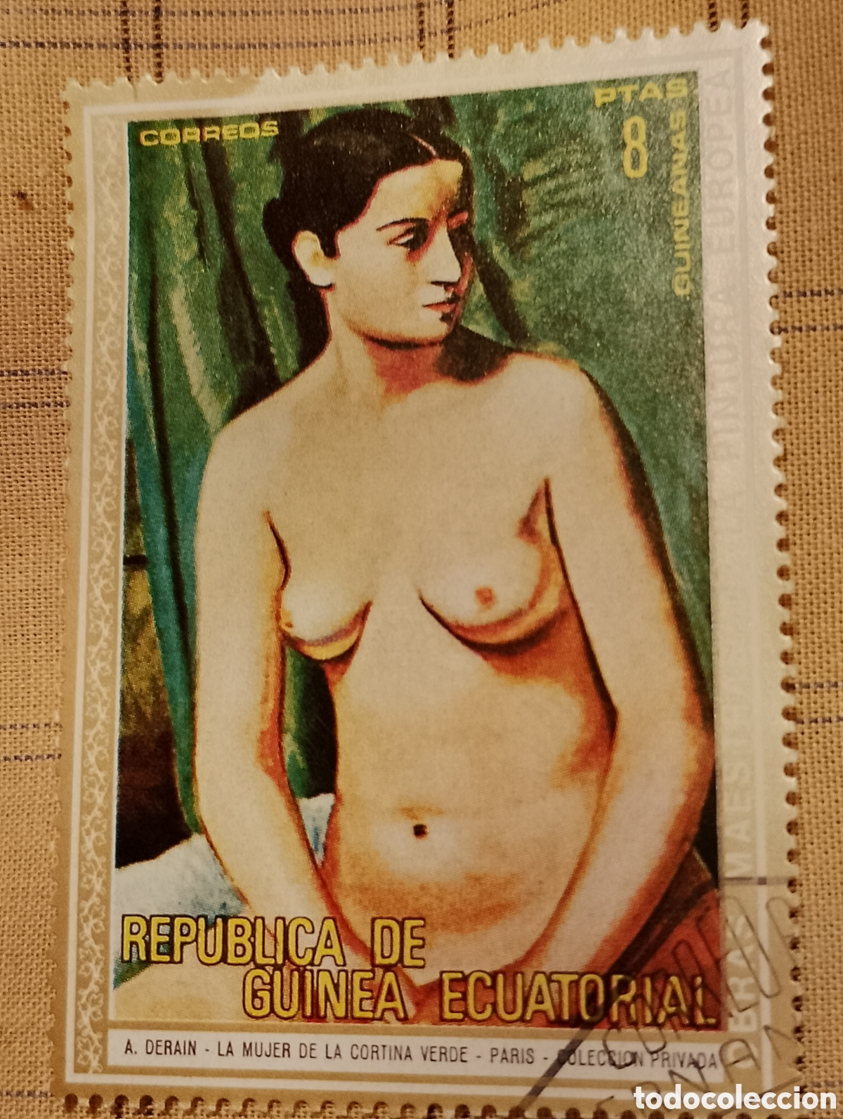 Sellos: Rep&uacute;blica de Guinea Occidental. La mujer de la cortina verde. A. Derain. Colecci&oacute;n privada.