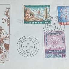 Sellos: O) 1966 LIBERIA, JAMBOREE BADGE,BOY SCOUT, SPORTS, CAMPFIRE AND VISION OF MOON LANDING, WORLD JAMBOR
