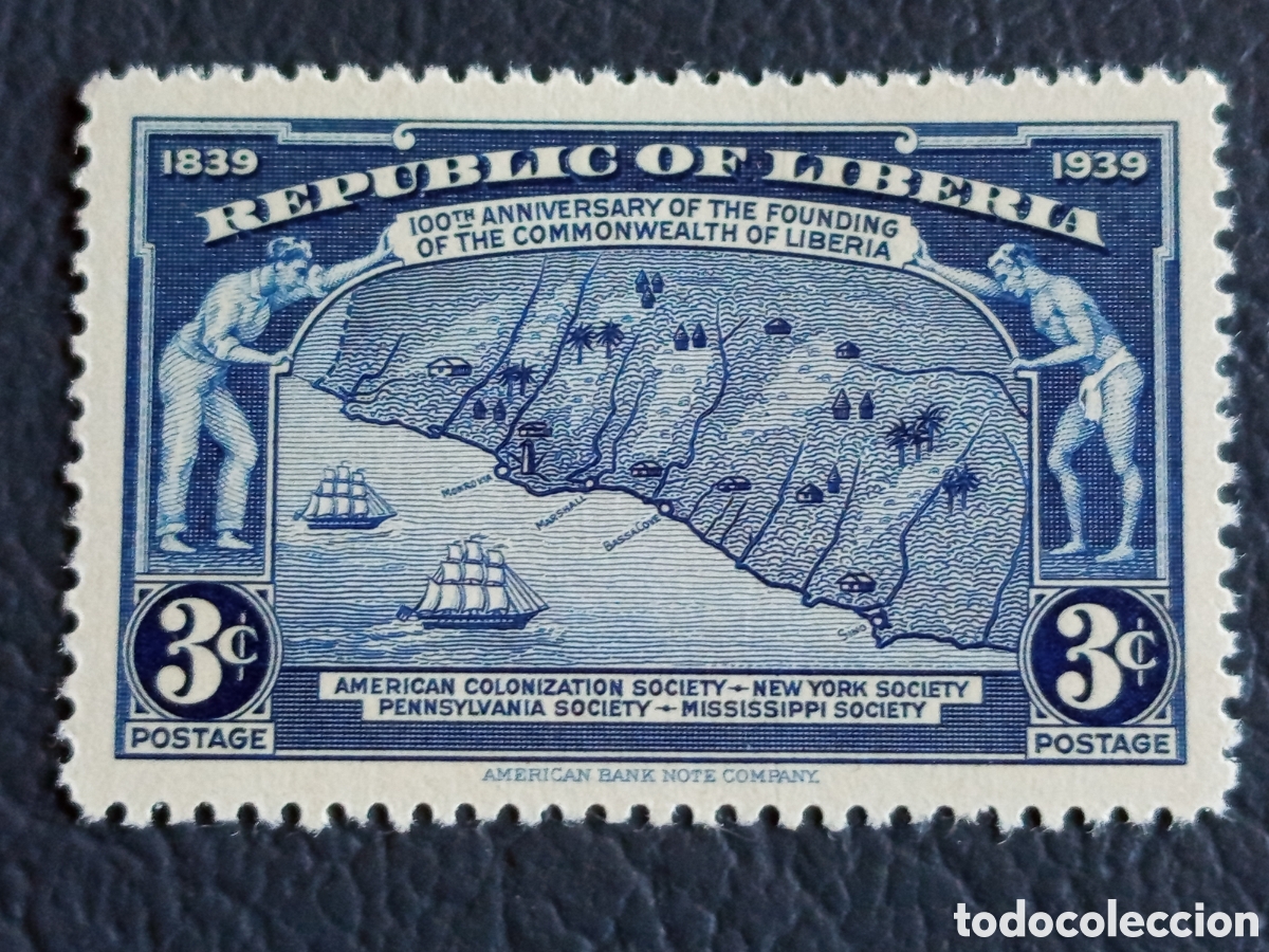 Sellos: Liberia 1939 Centenario Commonwealth Mapa 3c Azul Scott 277 MNH★★