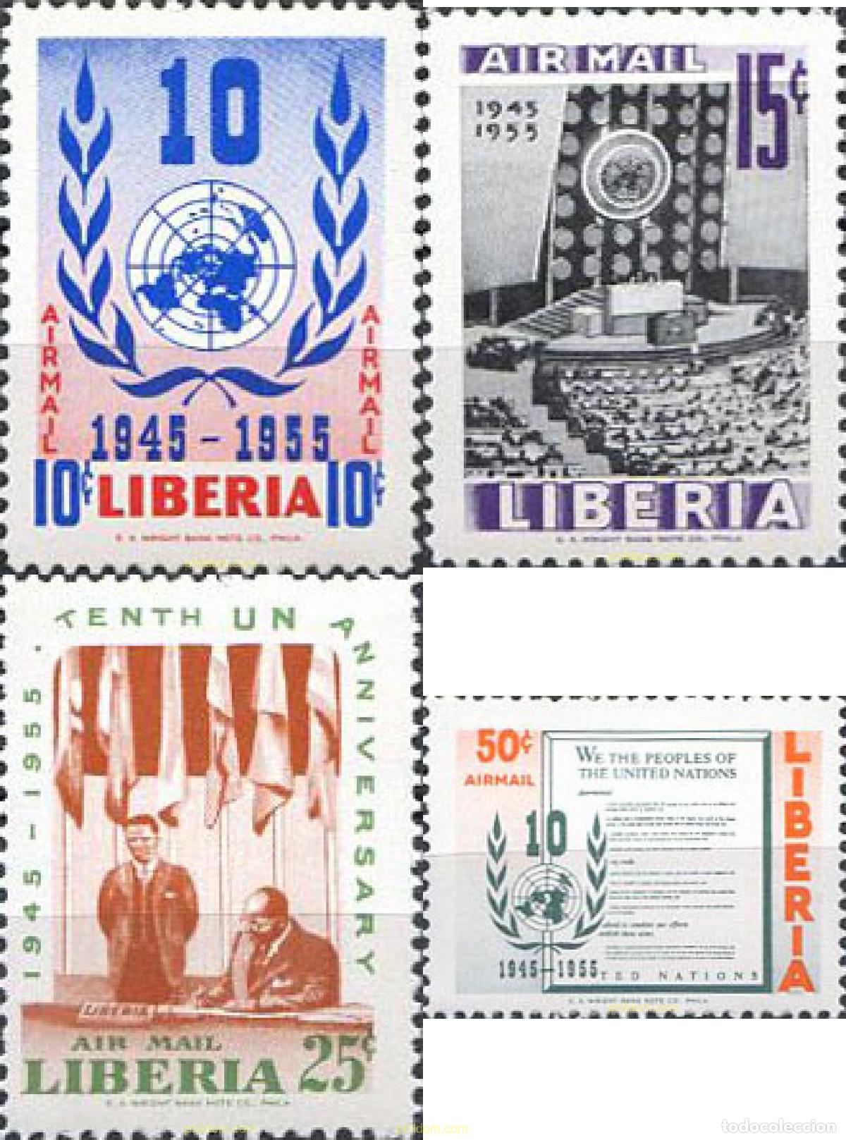 Sellos: 218625 MNH LIBERIA 1955 10 ANIVERSARIO DE LAS NACIONES UNIDAS