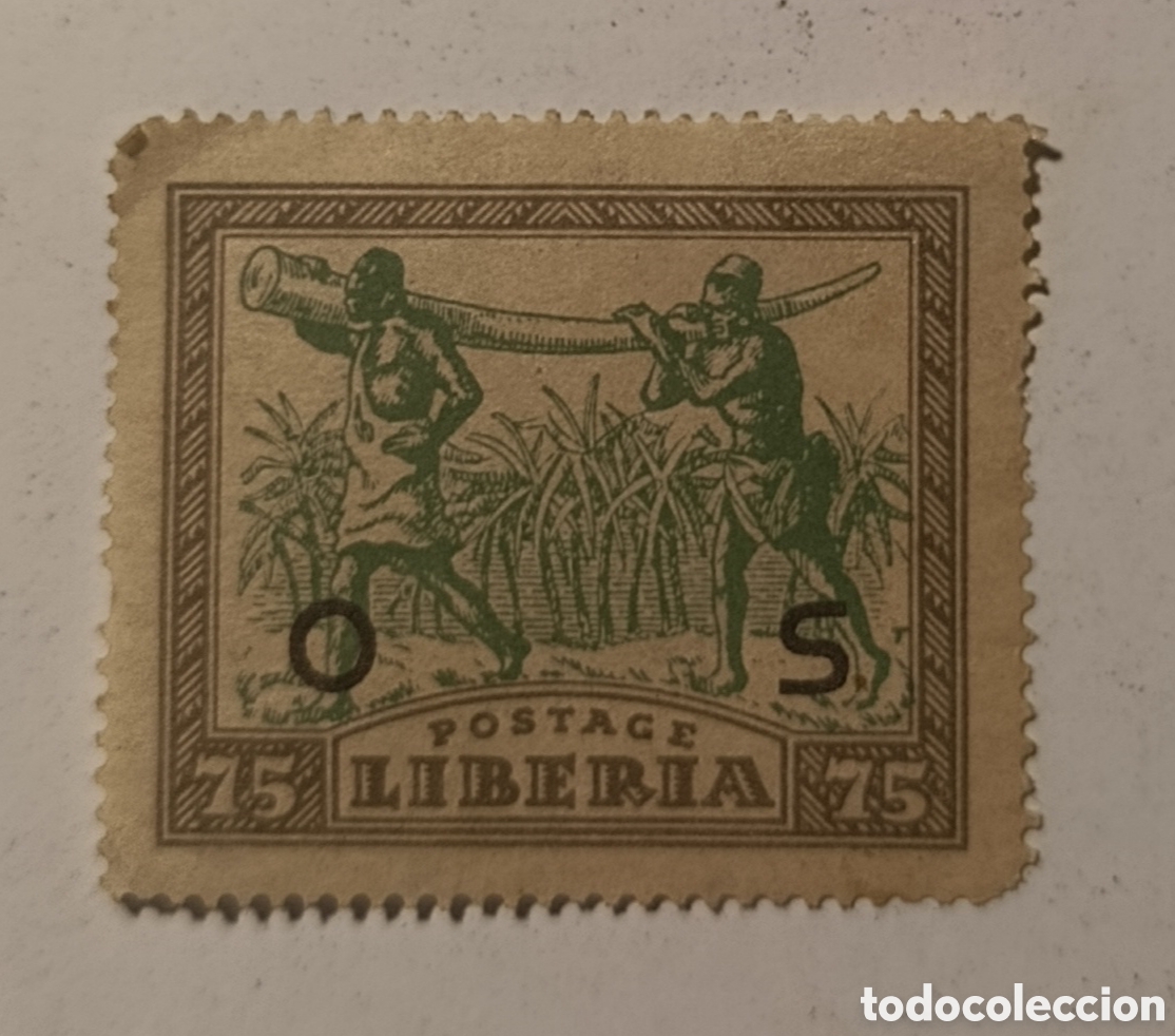 Sellos: LIBERIA sello dos hombres portando colmillo elefante a&ntilde;o 1923 75
