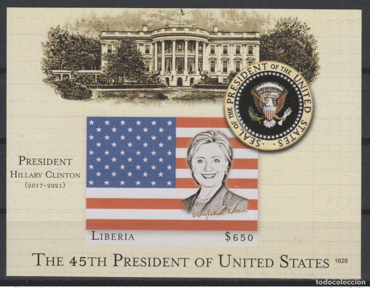 Sellos: Liberia 2016 mayo. Bl.754 bandera no publicada de la presidenta Casa Blanca Hillary Clinton