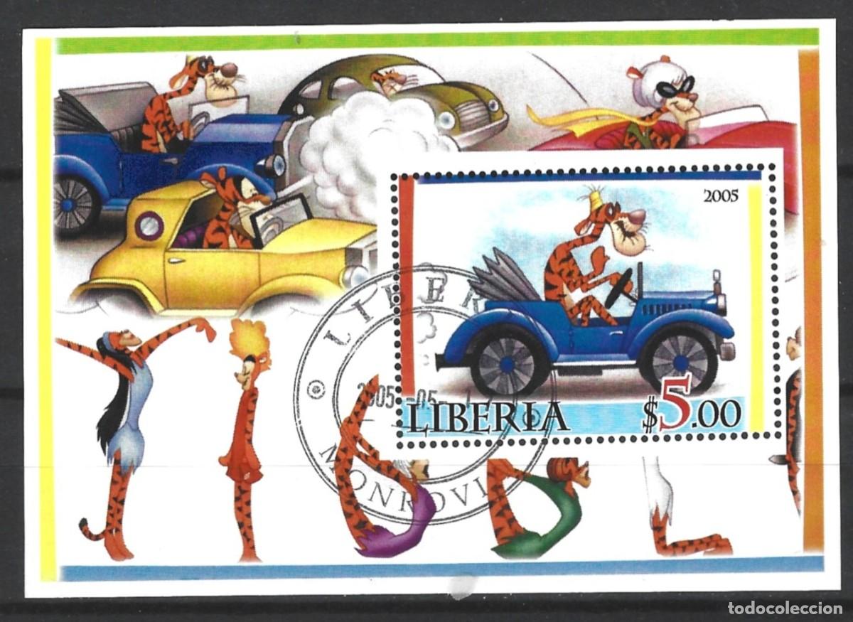 Sellos: LIBERIA - 2005 - BLOQUE DE CARICATURAS - UN GUEPARDO EN EL COCHE - BLOQUE ESTAMPADO