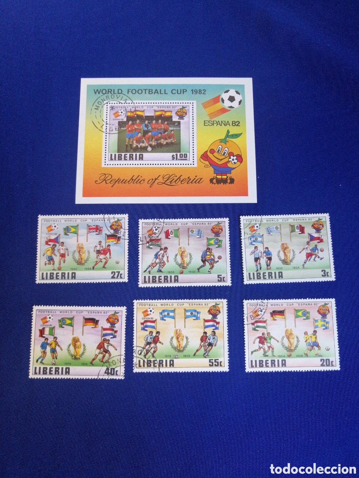 Sellos: LIBERIA LOTE SELLOS WORLD FOOTBALL CUP 1982 ESPA&Ntilde;A 82 USADOS MATASELLADOS