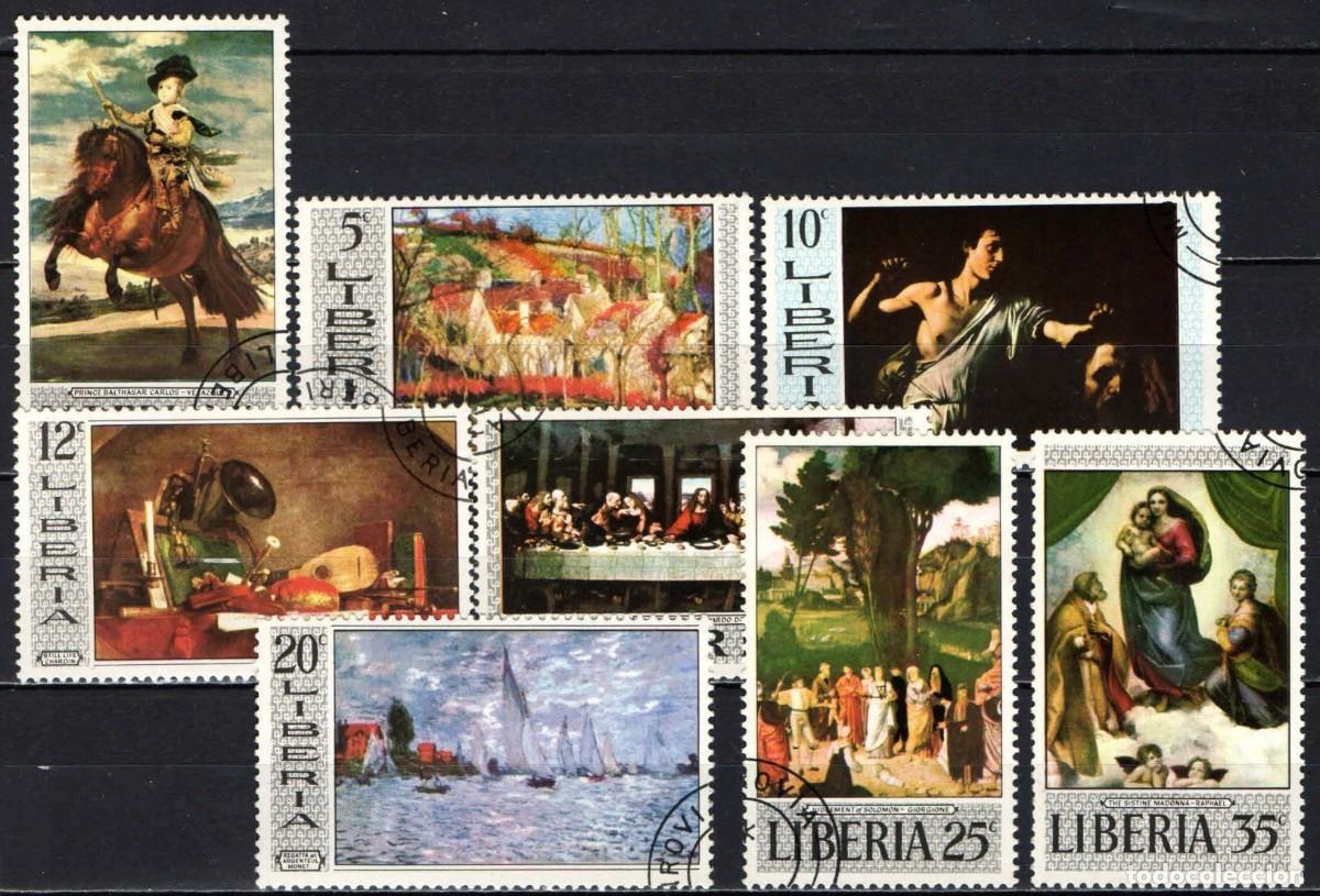 Sellos: LIBERIA 1969 SERIE 8 STAMPS USED MNH CARAVAGGIO GIORGIONE RAPHAEL DA VINCI MONET ARTE PINTURAS