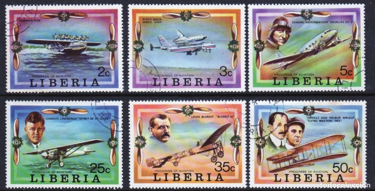 Sellos: LIBERIA 1978 SERIE 6 STAMPS USED MNH PROGRESO DE LA AVIACION AVIONES PLANES BLERIOT LINDBERGH WRIGHT