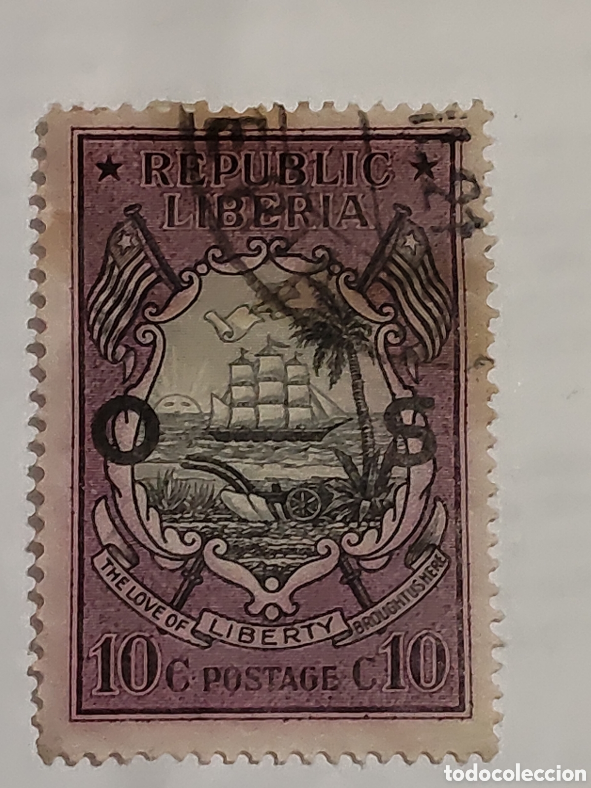 Sellos: Sello de Liberia escudo de armas del pais con un barco de tres palos y una palmera 1921