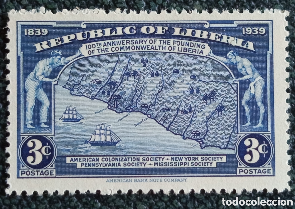 Sellos: Liberia 1940 Sello 100 Aniversario Mancomunidad Mapa 3c Scott 277 MNH
