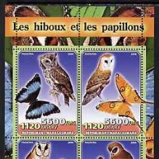 Sellos: MADAGASCAR 2004 SHEET MNH FAUNA BUTTERFLIES PAPILLONS MARIPOSAS BUHOS OWLS HIBOUX BIRDS AVES OISEAUX