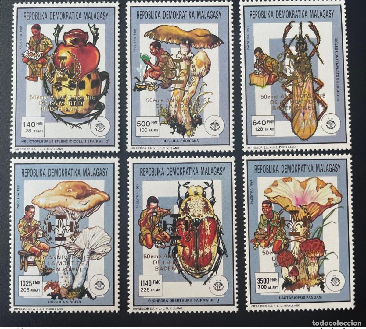 Sellos: Madagascar 1991/1993 Mi. 1536 - 1541 Insectos Jamboree Baden-Powell sobreimpresos en oro