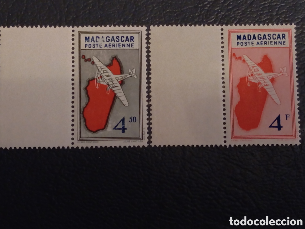 Sellos: Madagascar 1935 - Correo A&eacute;reo - Mapa y Avi&oacute;n - Yvert A7 y A8 - MNH&rdquo;