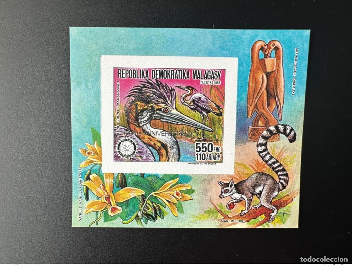 Sellos: Madagascar 1993 Mi. Bl. 211B un p&aacute;jaro internacional de Rotary Lions plata ovpt