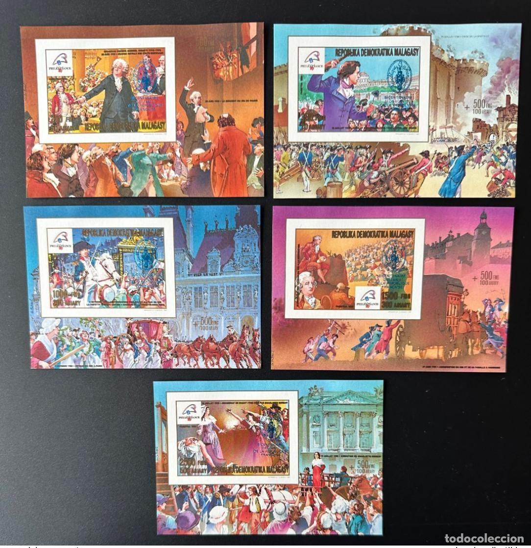 Sellos: Madagascar 1989/1993 Mi. Bl. 230 - 234 ND Sobreimpresi&oacute;n azul de la Revoluci&oacute;n Francesa