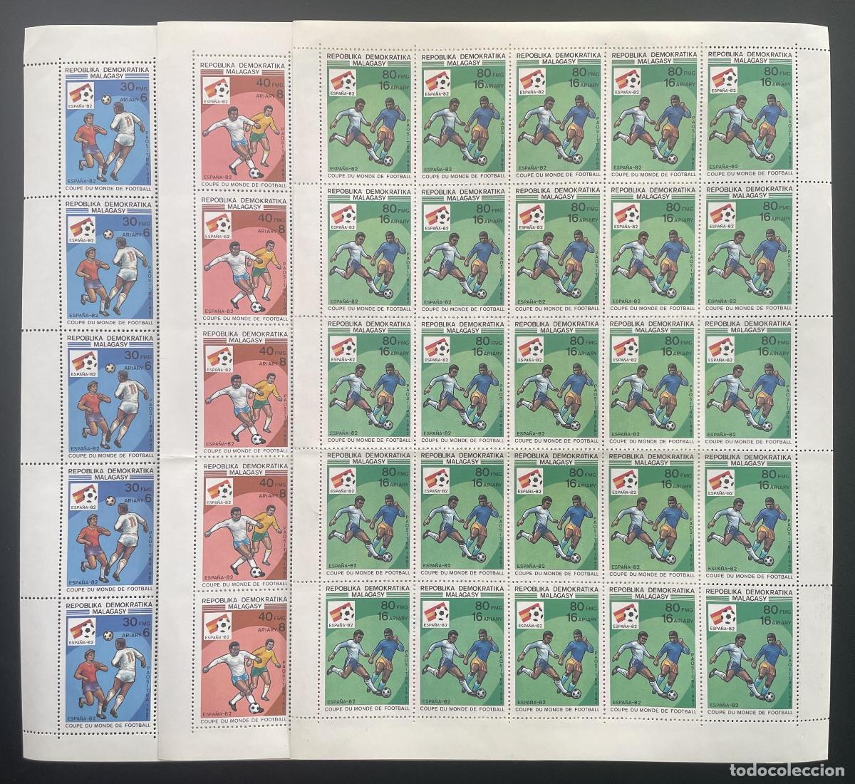 Sellos: Madagascar 1982 YT 672-674 bloque Copa Mundial F&uacute;tbol Espa&ntilde;a 82 Deporte