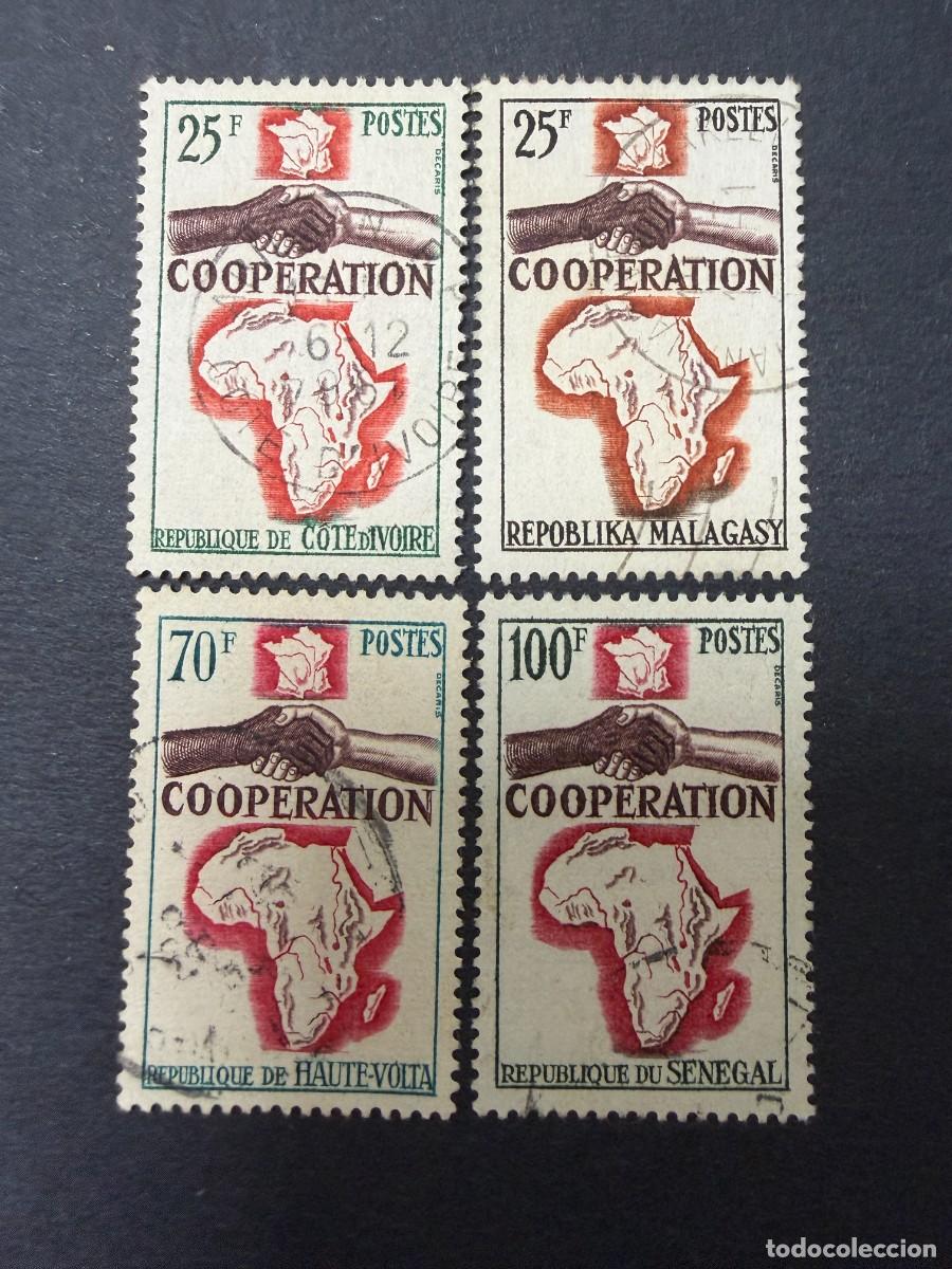 Sellos: MADAGASCAR, COSTA DE MARFIL, SENEGAL Y ALTO VOLTA, 1964. COOPERACION ENTRE FRANCIA Y AFRICA. USADOS
