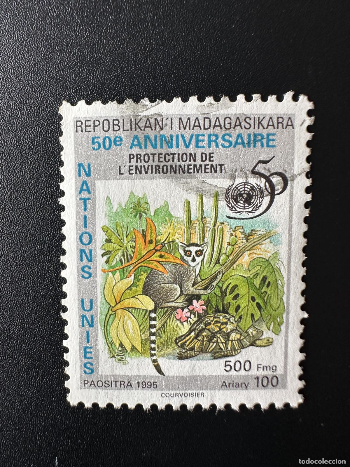 Sellos: Madagascar 1995 Mi. 1789 Naciones Unidas: l&eacute;mur mariposa tortuga aniquilado por la ONU