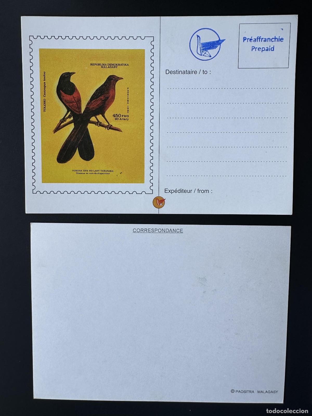 Sellos: &iquest;Madagascar 1987? Mix. 1049 sobrecarga local papeler&iacute;a postal entera p&aacute;jaro