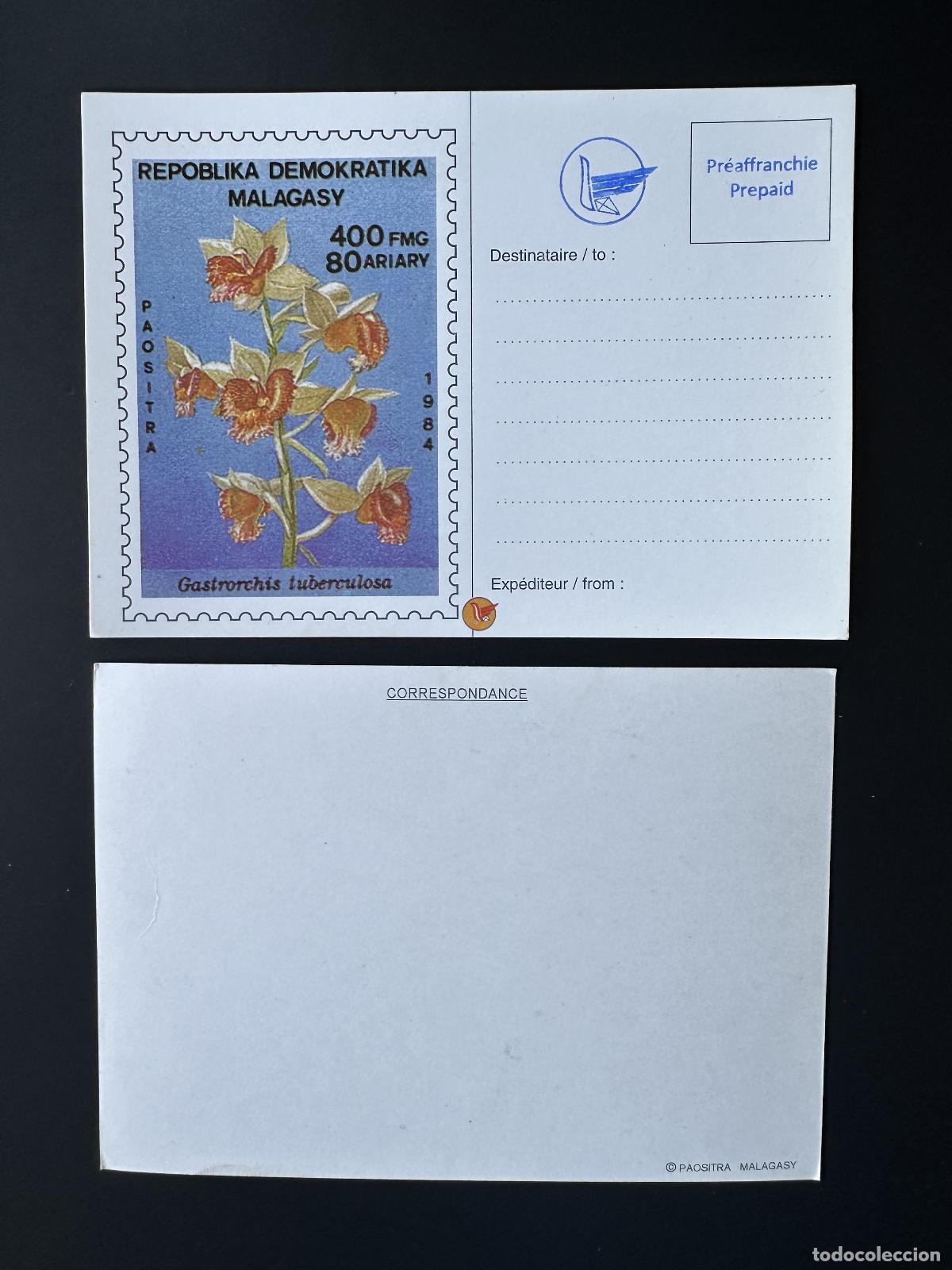 Sellos: &iquest;Madagascar 1984? Mi. Bl. 28 local sobrecarga papeler&iacute;a postal entera orqu&iacute;dea.