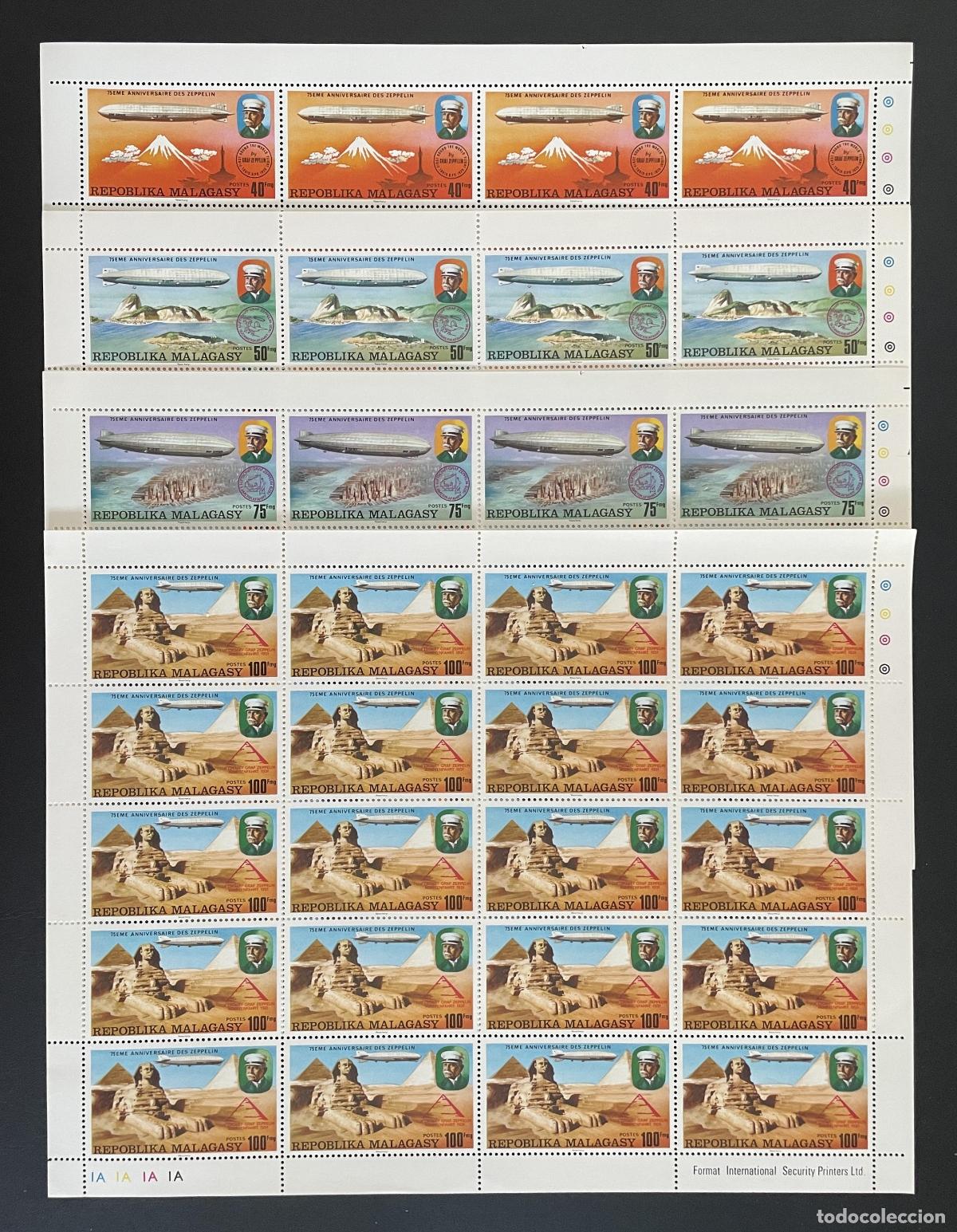 Sellos: Madagascar 1976 YT 580-583 bloque Zeppelin dirigible pir&aacute;mide Esfinge