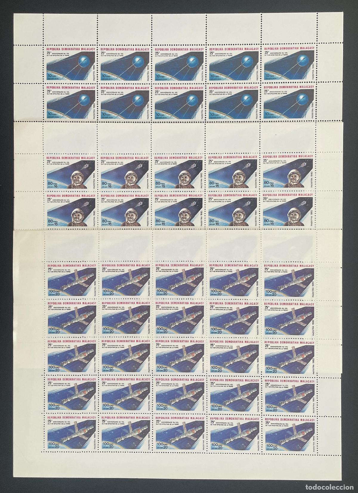 Sellos: Madagascar 1982 YT 669-671 bloque Sputnik espacio sat&eacute;lite Gagarin