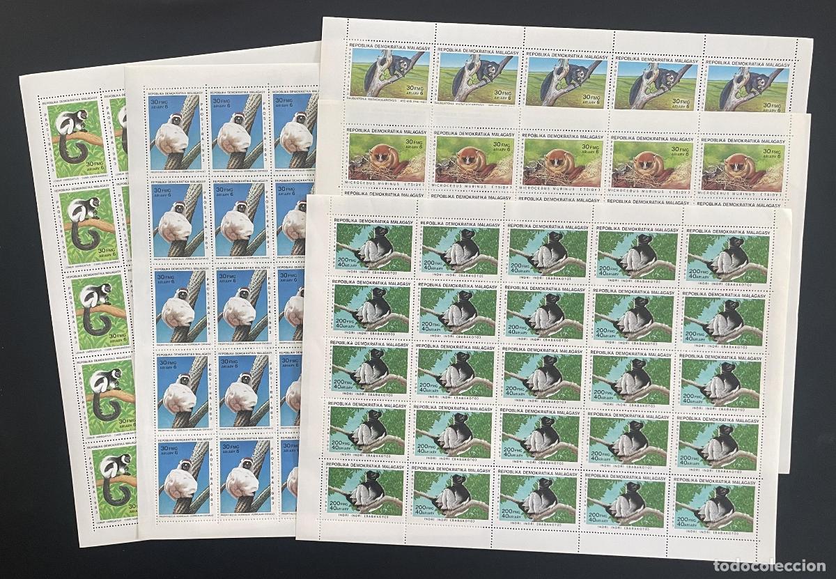 Sellos: Madagascar 1983 YT 693-697 bloque l&eacute;mures indri aye-aye fauna primates