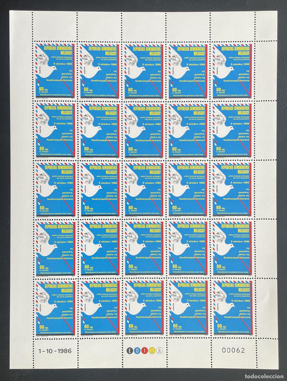 Briefmarken: Madagascar 1986 YT 784 bloque D&iacute;a Mundial del Correo paloma carta