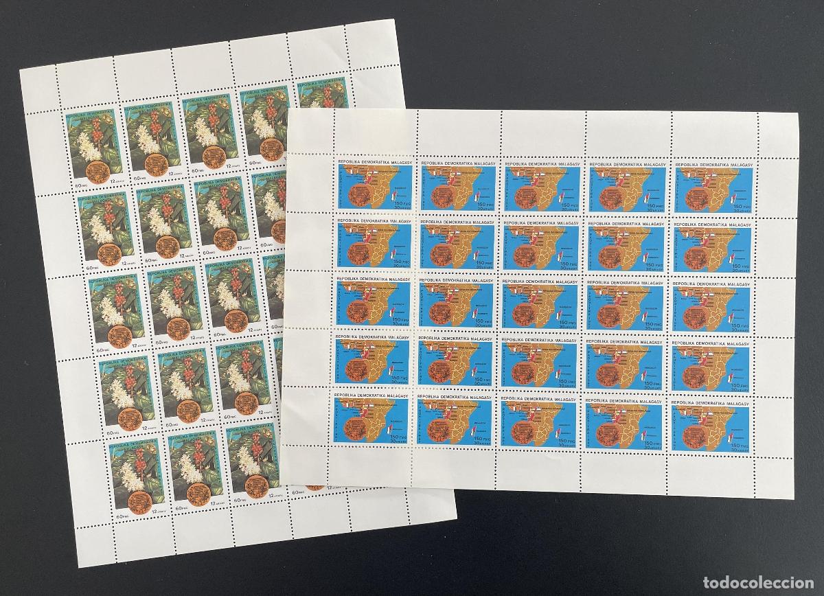 Briefmarken: Madagascar 1987 YT 800-801 bloque flores caf&eacute; clavo mapa isla especias