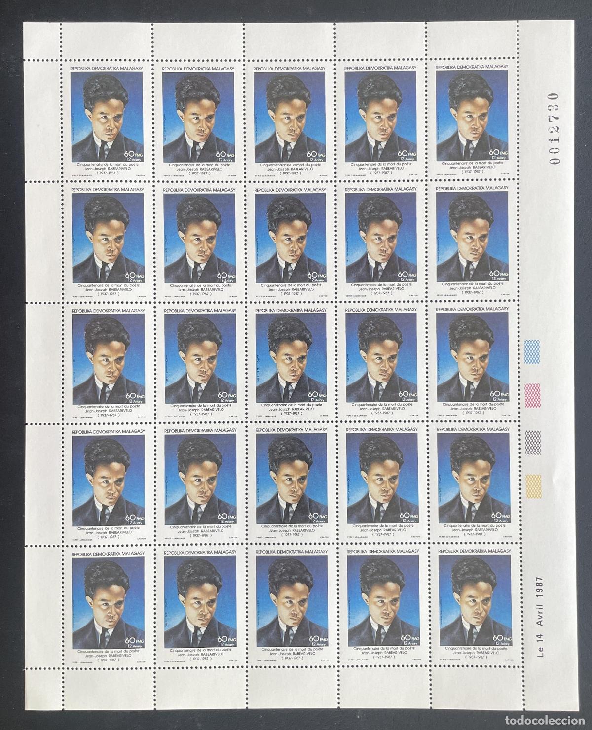 Briefmarken: Madagascar 1987 YT 815 bloque Rabearivelo poeta literatura