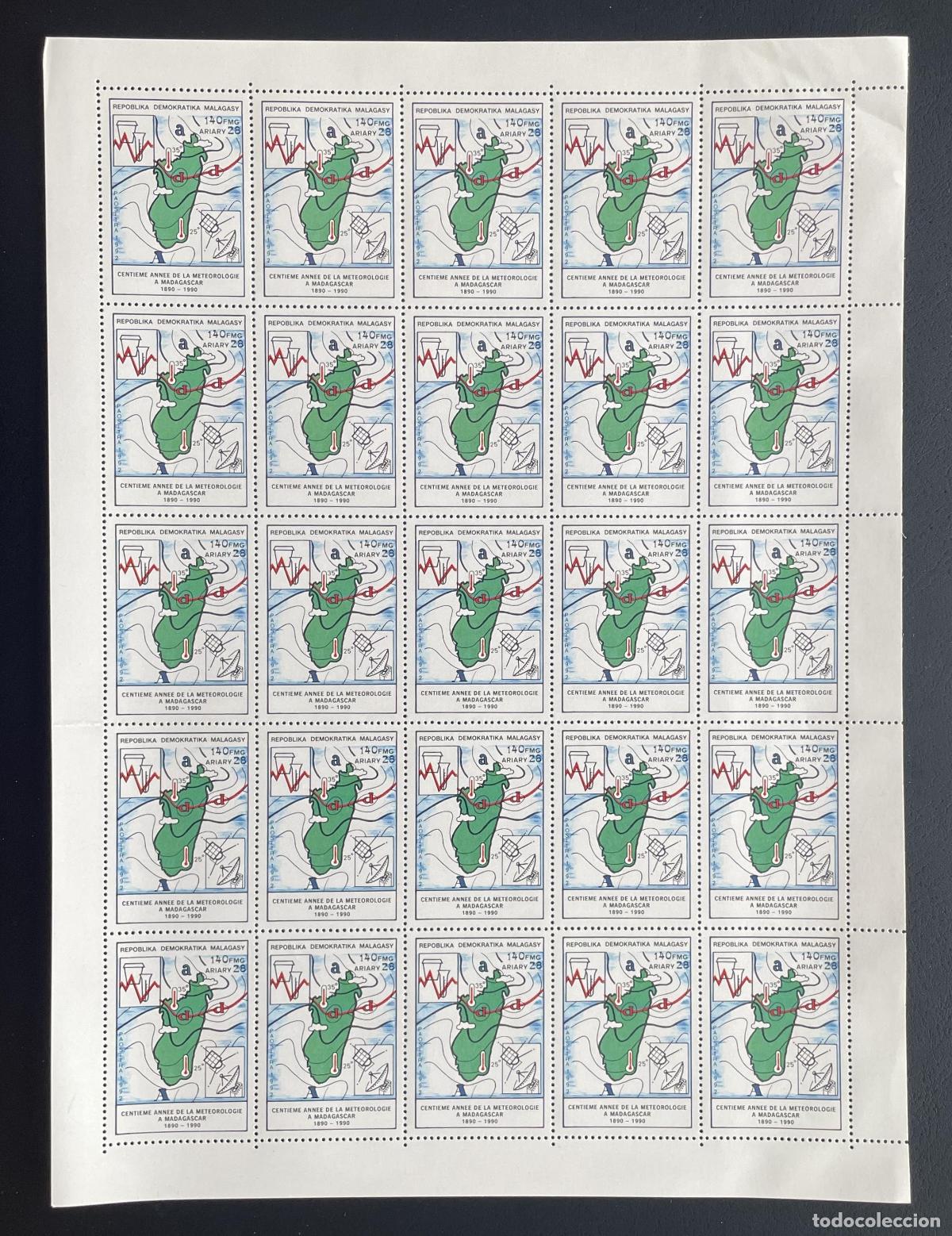Stamps: Madagascar 1992 YT 1081 bloque meteorolog&iacute;a centenario mapa