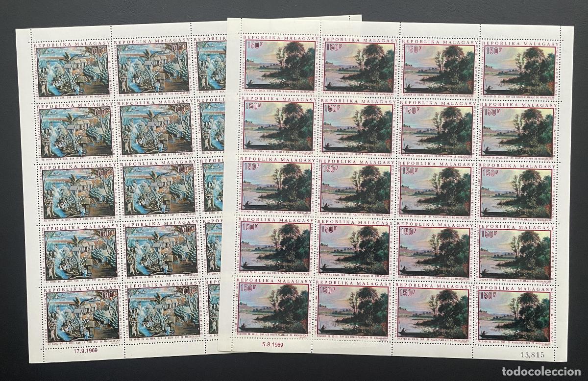 Stamps: Madagascar 1969 YT PA 110 111 bloque pintura paisaje puesta de sol