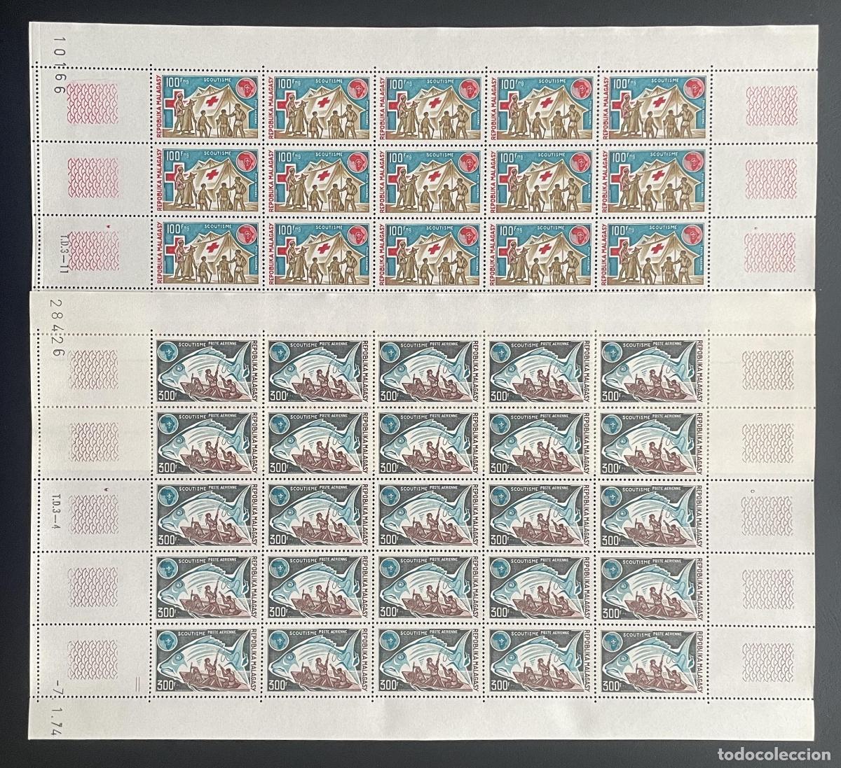 Stamps: Madagascar 1974 YT PA 135-136 bloque escultismo Cruz Roja pesca pez