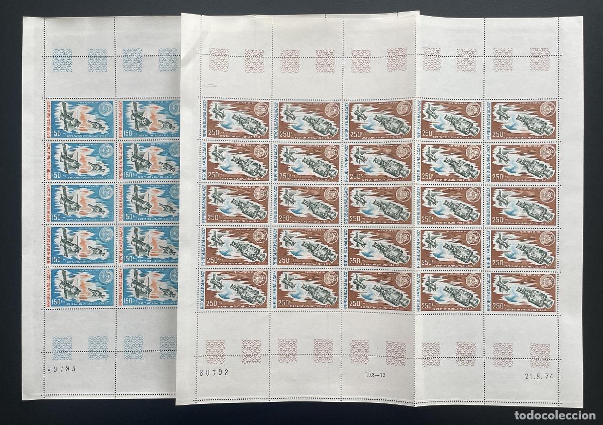 Stamps: Madagascar 1974 YT PA 144 145 bloque cooperaci&oacute;n espacial Apollo Soyuz
