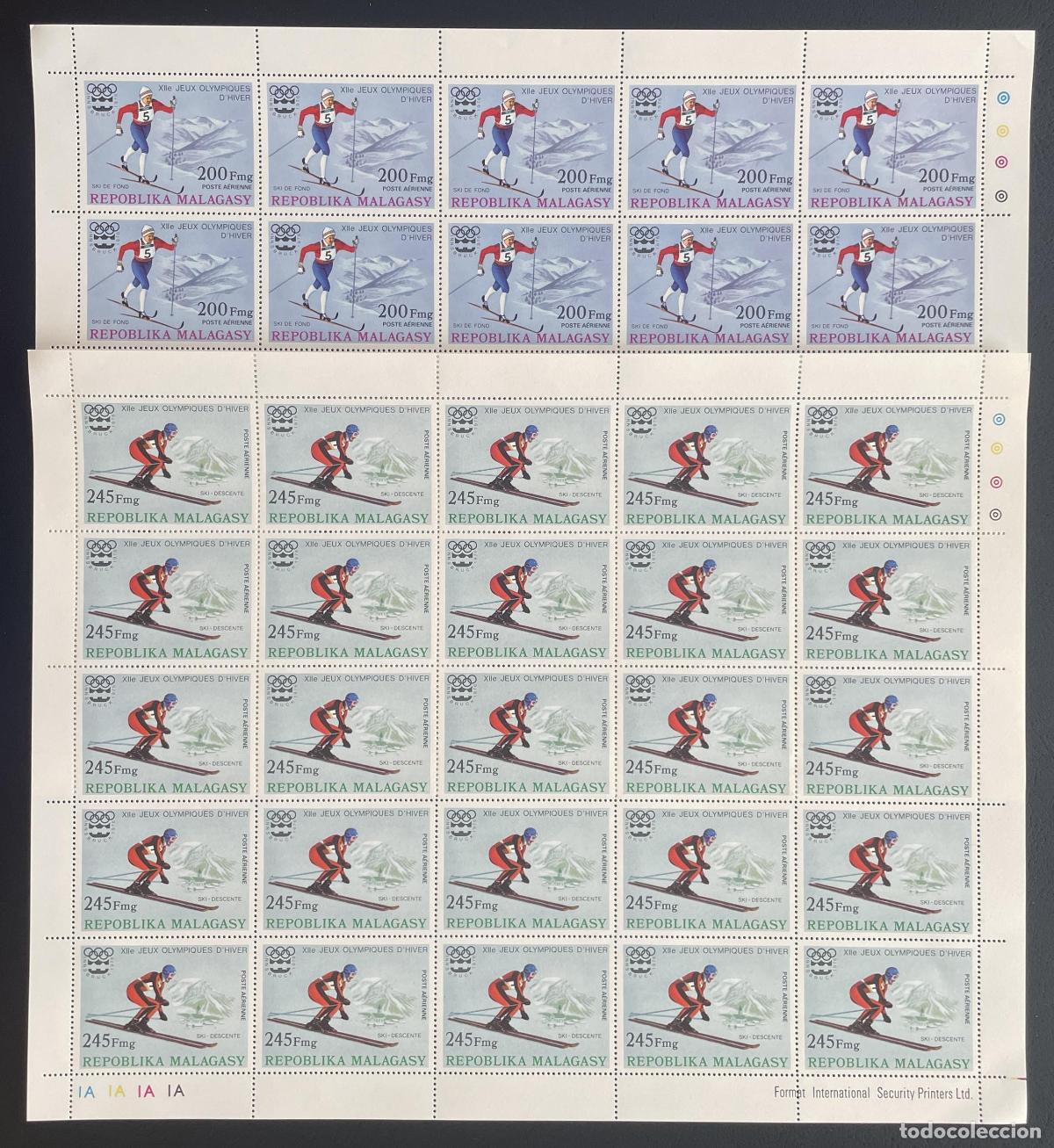 Timbres: Madagascar 1975 YT PA 160-161 bloque JJ.OO. invierno esqu&iacute; descenso