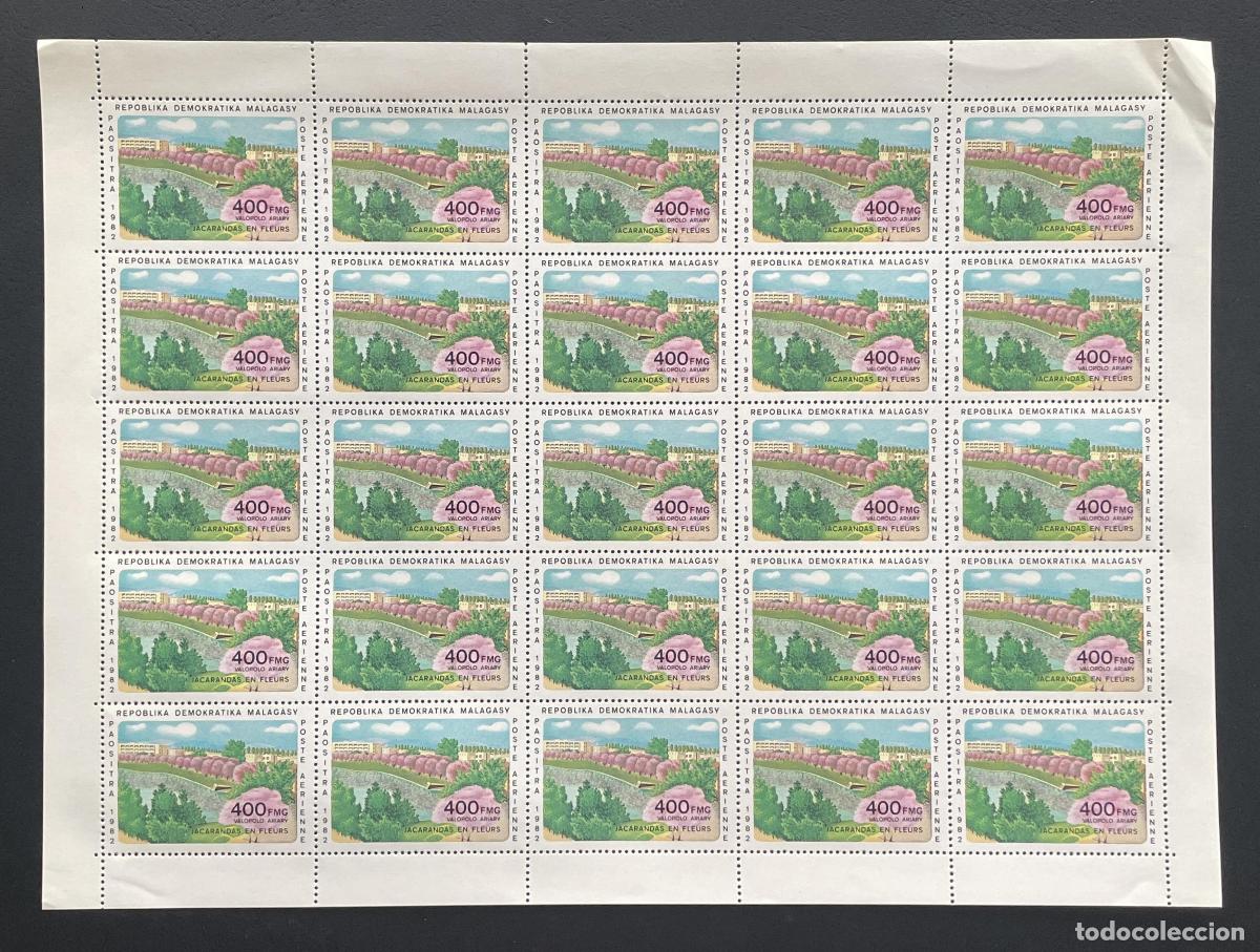 Sellos: Madagascar 1982 YT PA 185 tabl&oacute;n jacarandas flores correo a&eacute;reo
