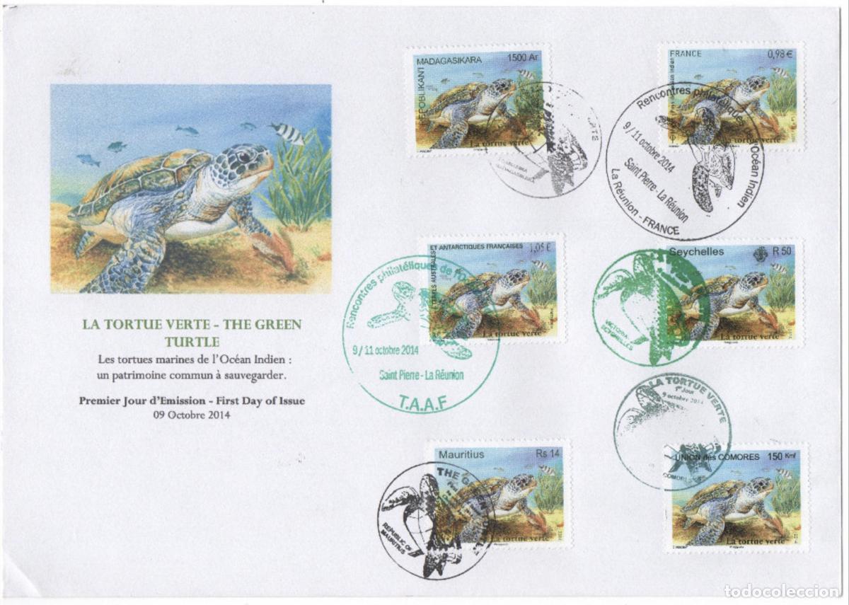Sellos: FDC The Green Turtle 2014 Wildlife Madagascar Seychelles Francia Comoras