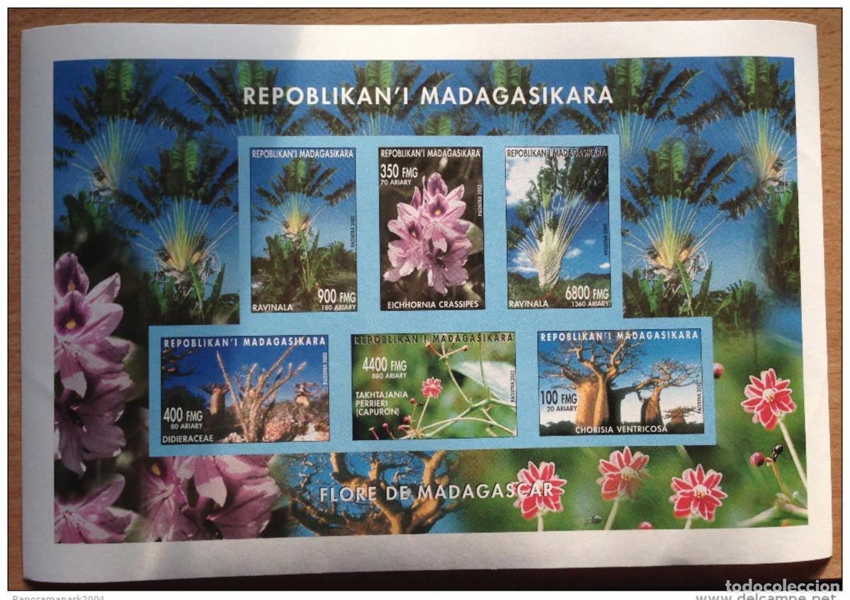 Sellos: Madagascar 2002 Flora Blumen florece Ravinala Souvenir IMPERF block MUY RARO