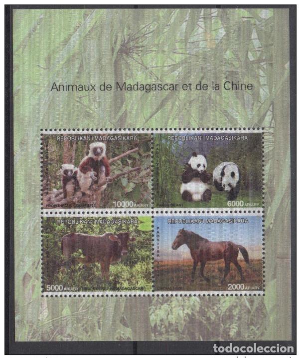 Sellos: Madagascar 2014 Mi.322Y China SILK bloquea emisi&oacute;n conjunta Wildlife Panda Horse