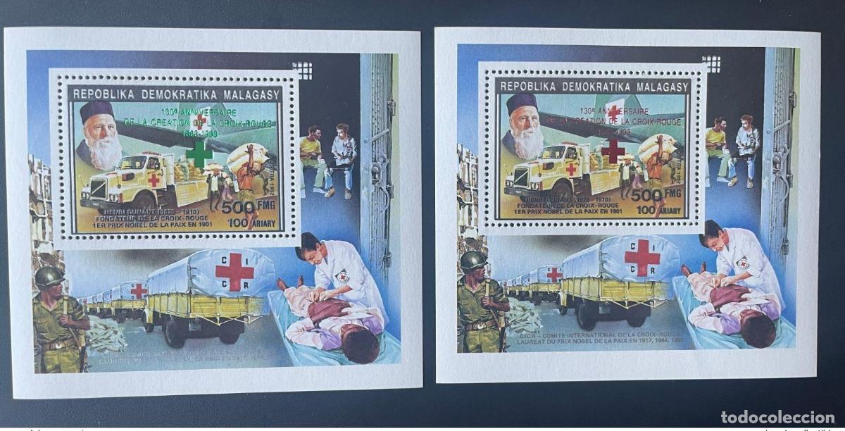 Sellos: Madagascar 1993 Mi. Bl. 236A ab Rojo Verde Sobrecargado Cruz Roja Dunant