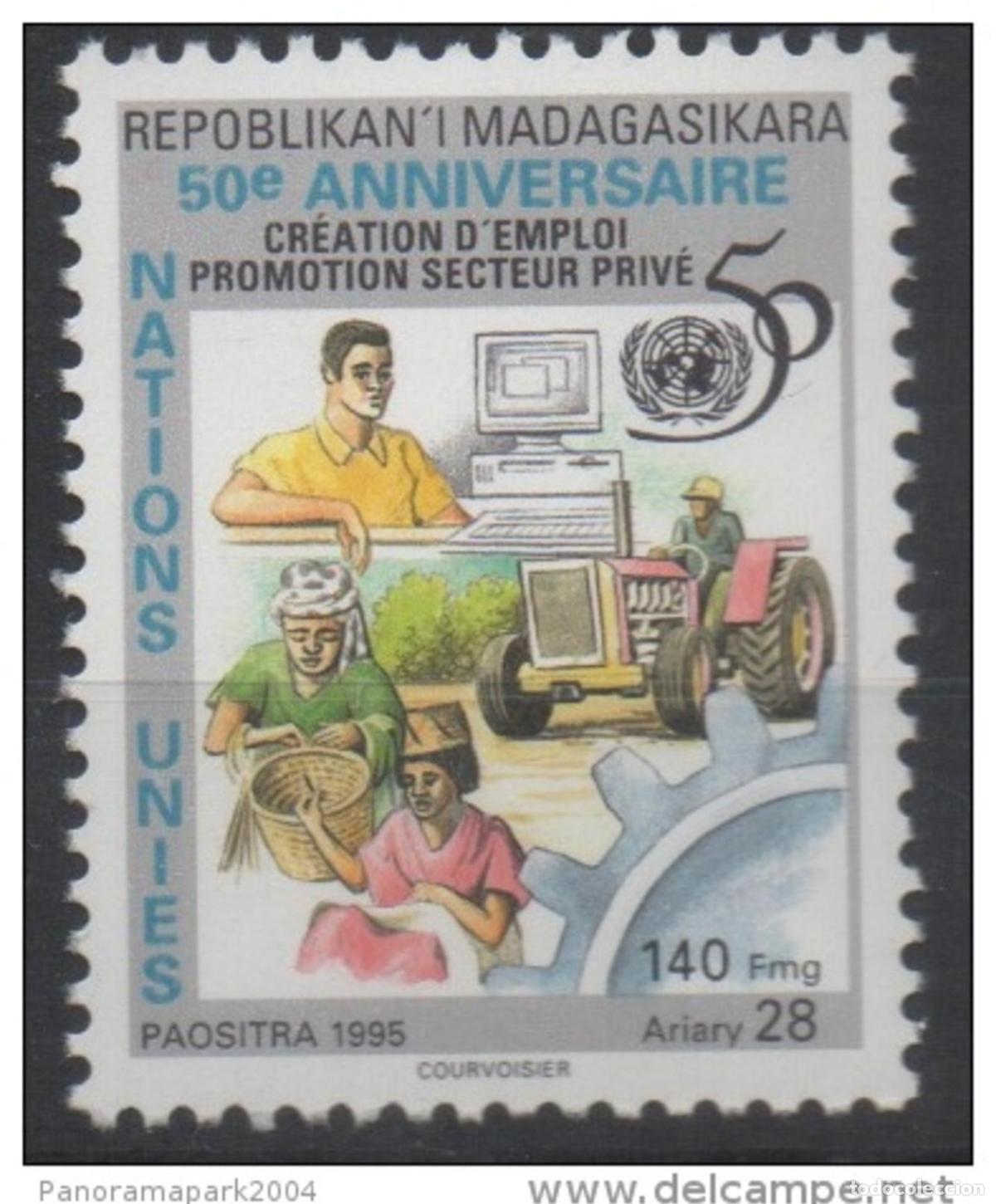 Sellos: Madagascar 1995 50 aniversario de las Naciones Unidas Empleo ONU Mi.1788 140Fr 28Ar