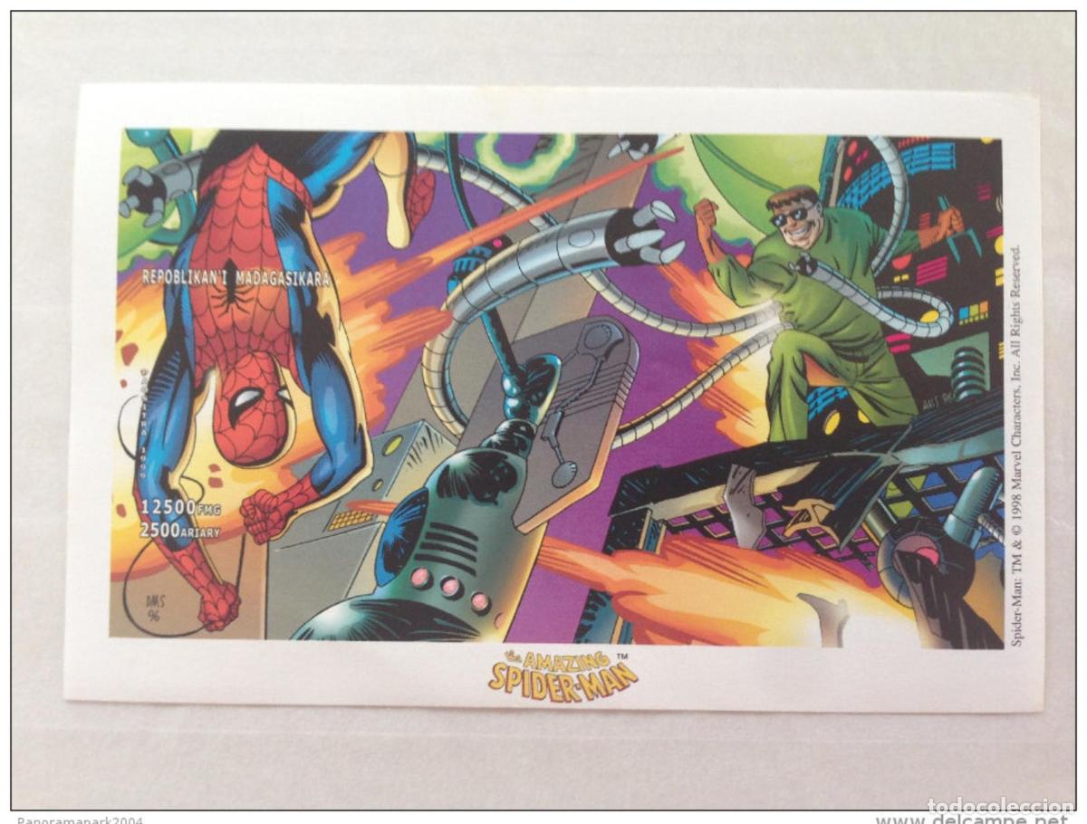 Sellos: L&aacute;mina de recuerdo Spiderman Marvel Madagascar 1999 bloque IMPERF &iexcl;MUY RARO!