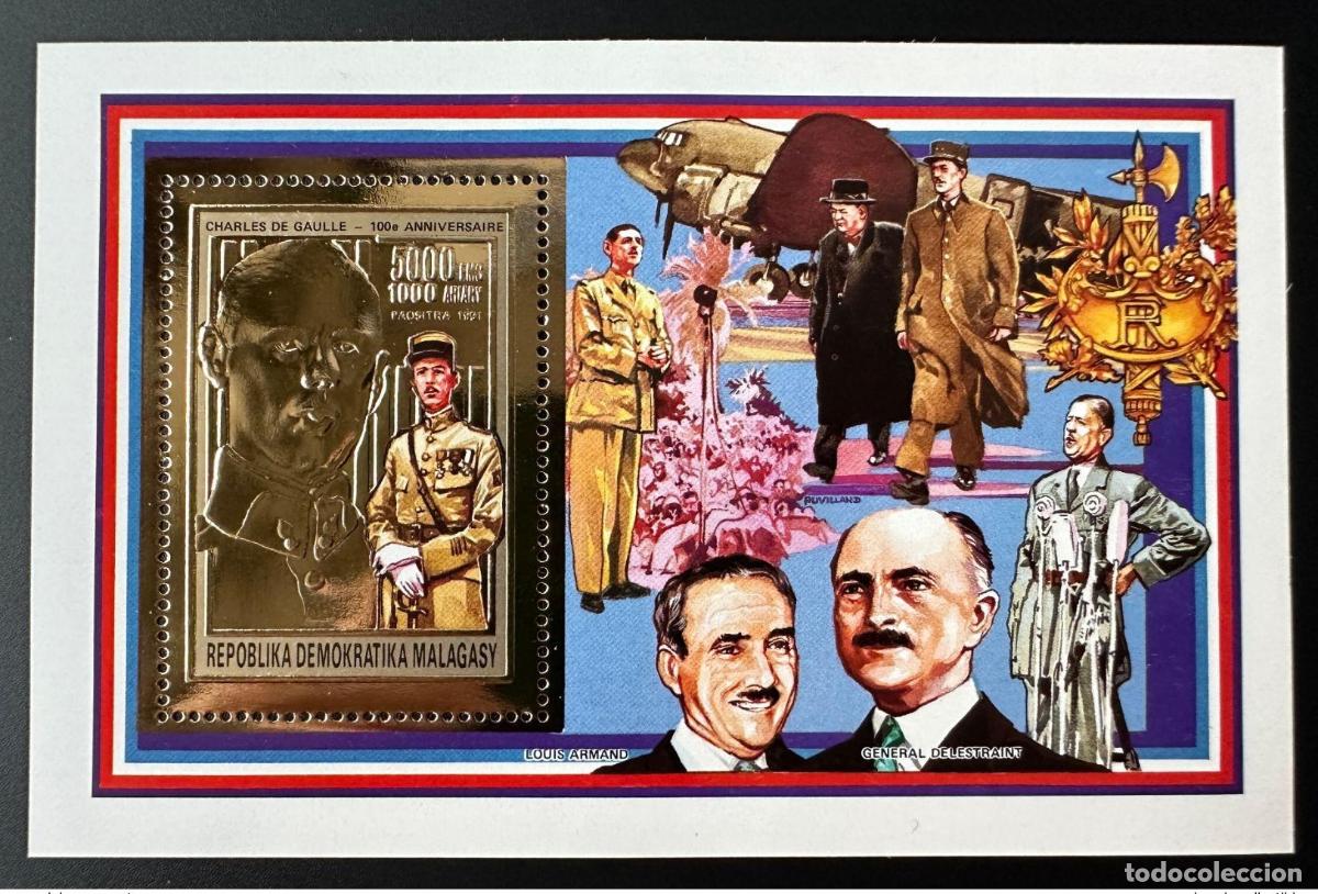 Sellos: Madagascar 1990/1991 Mi. Bl. 155 General de Gaulle Churchill Roosevelt Gold