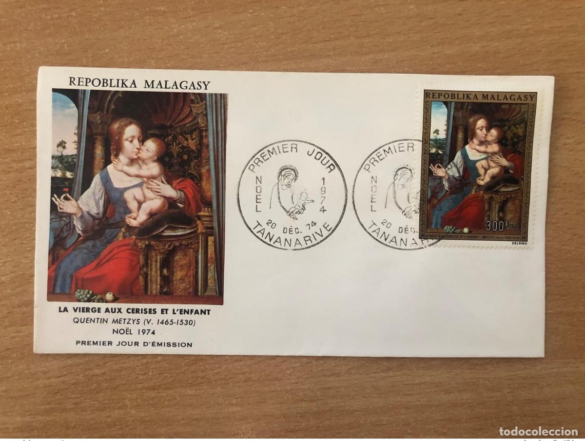 Sellos: Madagascar 1974 Mi. 735 FDC Pintura art&iacute;stica Madonna con cerezas y ni&ntilde;o Navidad