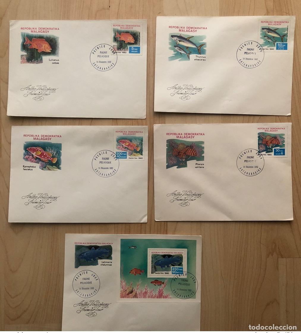 Sellos: Madagascar 1982 Mi. 907 - 911 Bl. 19 FDC Primer d&iacute;a Pesca y fauna marina