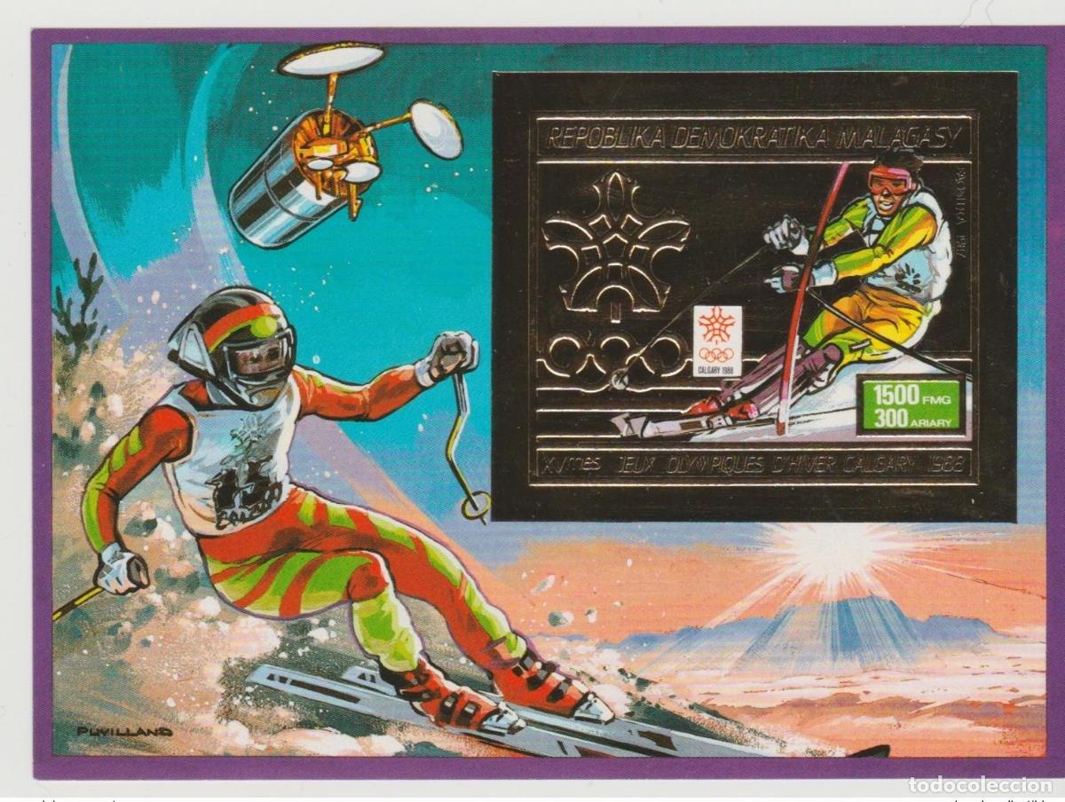 Sellos: Madagascar 1987/1988 Mi. Bl. 57B Juegos Ol&iacute;mpicos de Invierno Calgary: Slalon dorado