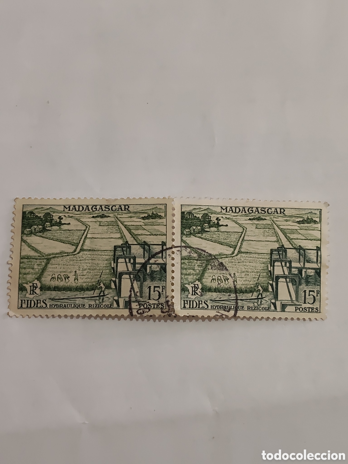 Sellos: Bloque de 2 sellos de Madagascar desarrollo econ&oacute;mico e Hidr&aacute;ulica arrocera 1956 usados