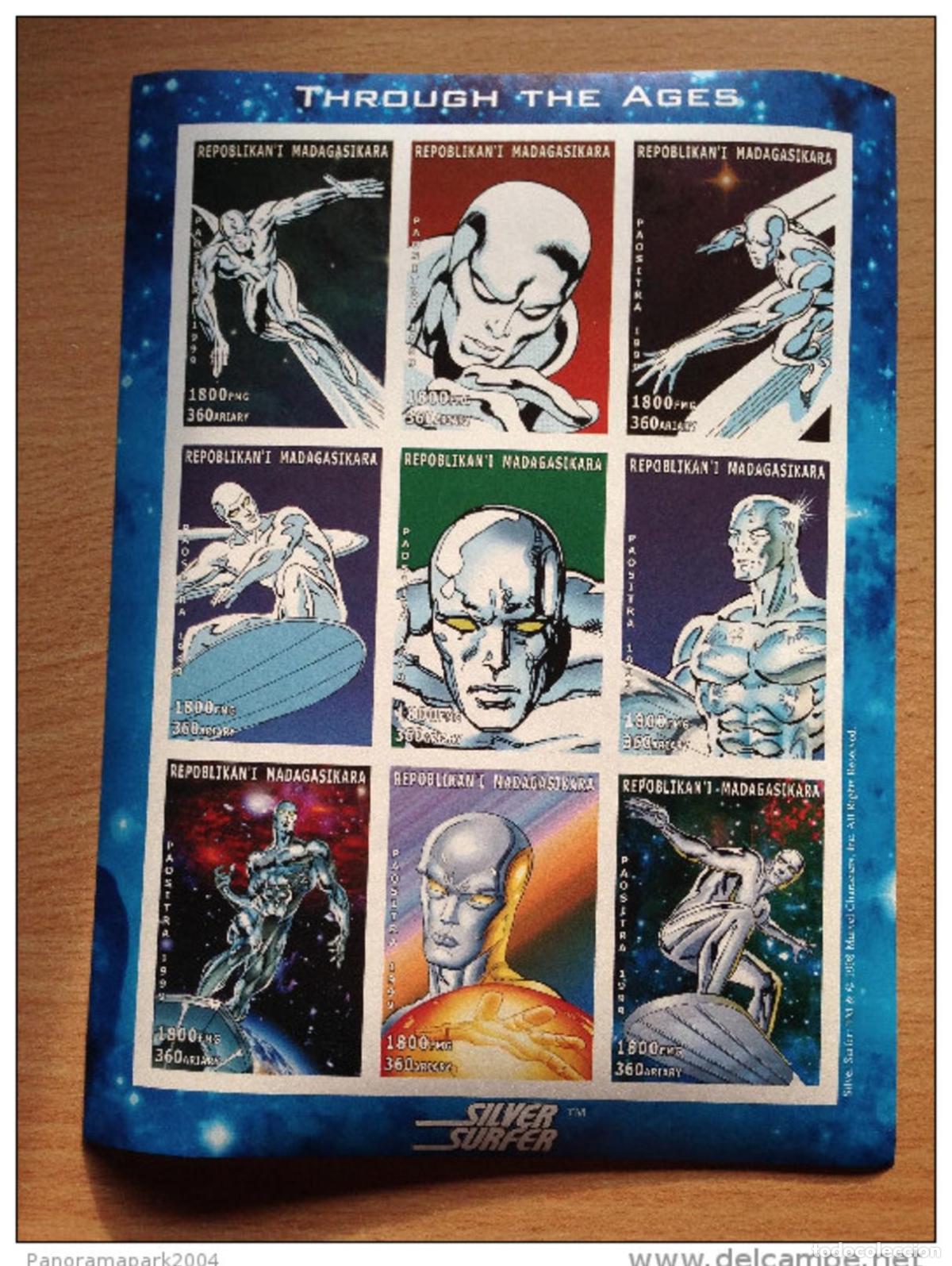 Sellos: L&aacute;mina de recuerdo Silver Surfer Marvel Madagascar 1999 bloque IMPERF &iexcl;MUY RARO!
