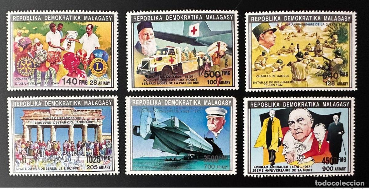 Sellos: Madagascar 1992 Bl. Mi. 1391/1397 I Zeppelin Lions Dunant Cruz Roja De Gaulle