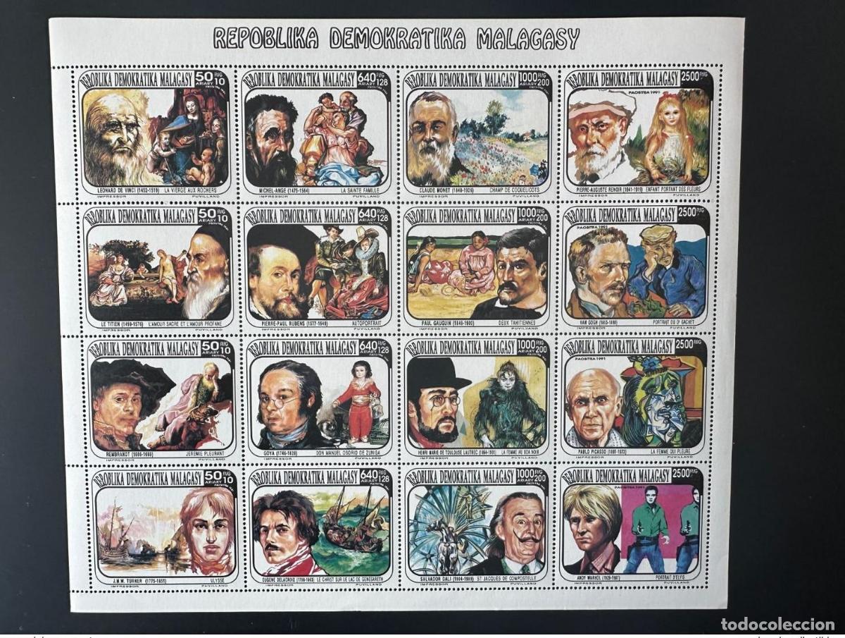Sellos: Madagascar 1991/1993 Mi. 1494 - 1509 Pinturas Vinci Monet Renoir Picasso Dal&iacute;