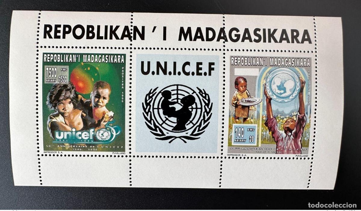 Sellos: Madagascar 1996 Mi. 1807 - 1808 Una hoja de Klb UNICEF Ni&ntilde;os 50 a&ntilde;os